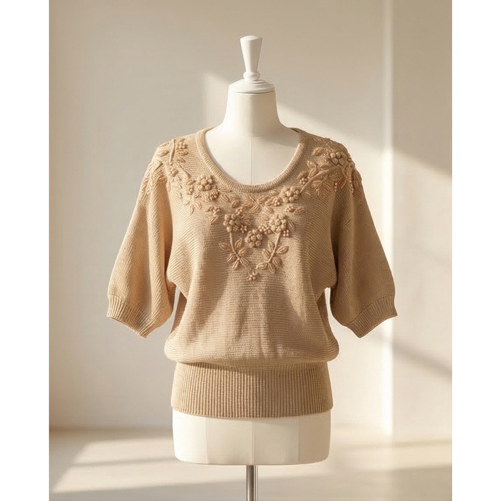 Vintage 80s Madeleine L Beaded Sweater Champagne‎ Gold Fairy Art Deco Victorian